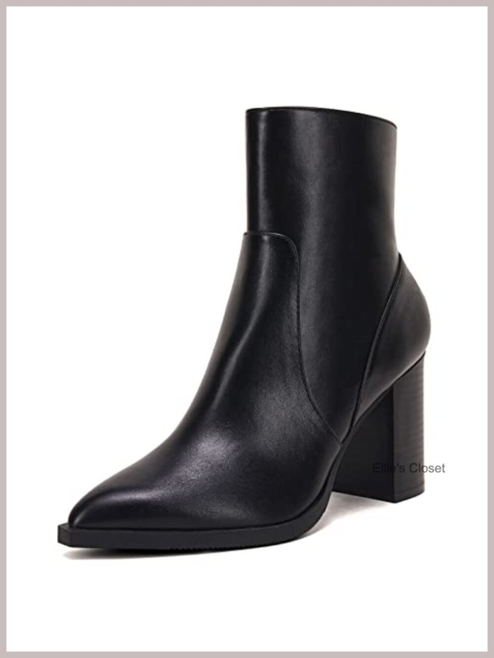 Pointed Toe Ankle Boots Chunky Stacked Heel Side Zip Faux Leather Booties